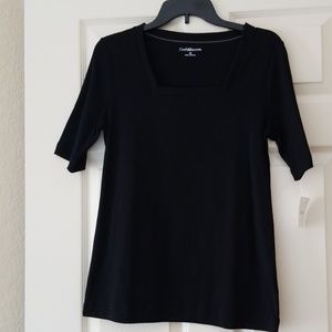 Short-sleeve, square neck dress t-shirt.